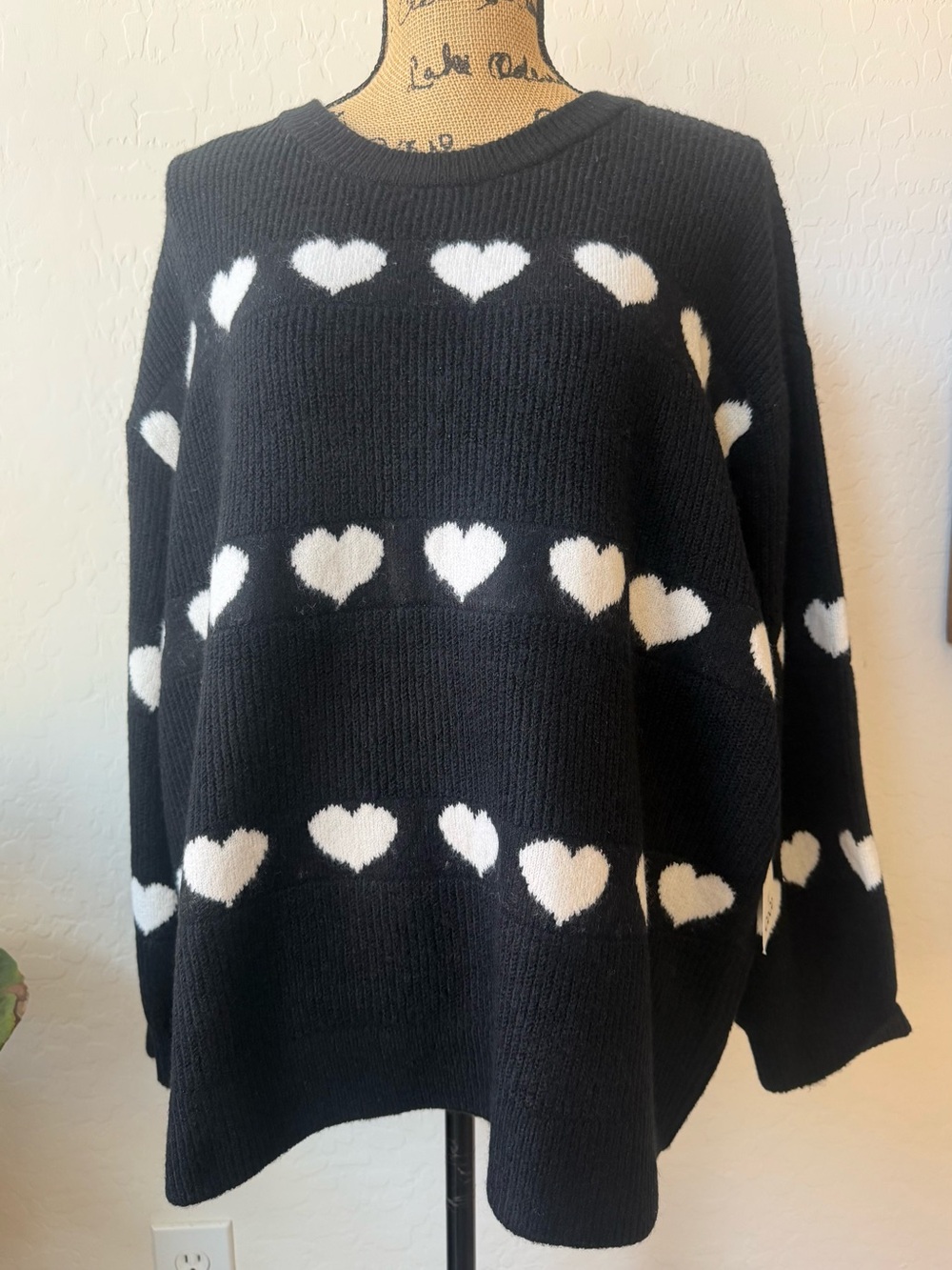 Cece Heart Pattern Black Pullover Sweater Size 2X